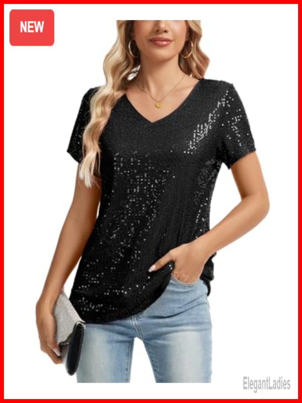 Womens Full Sequin Tops Glitter Short Sleeve V-Neck Shimmer Shirt